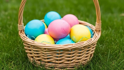 Fototapeta premium Colorful Easter Eggs in a Basket Pastel Spring Holiday. Concept featuring easter, eggs, basket, colorful, pastel.