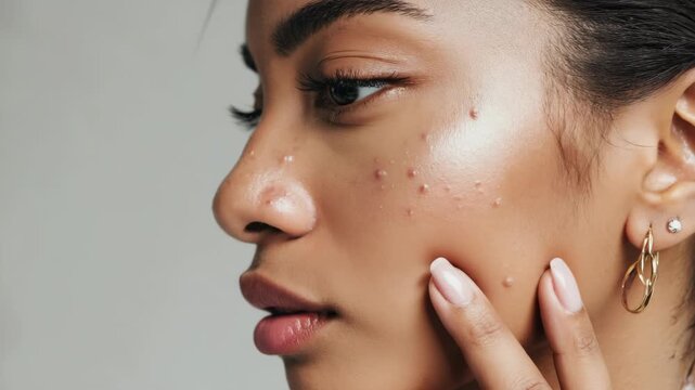 Side view portrait of young woman girl with acne and natural skin texture, gently touching her cheek, dermatology, beauty standards, skincare routine, health awareness and authenticity in portraits.