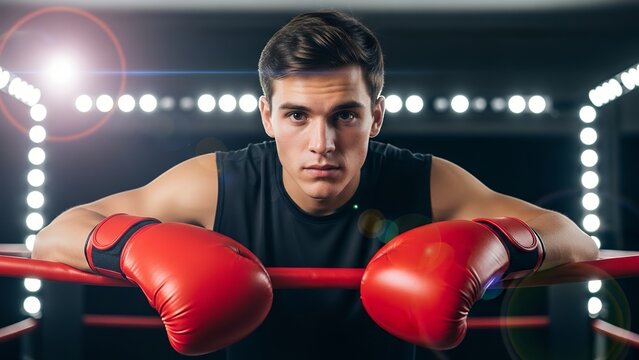 Focused male boxer leans on ring ropes during training at gym - Powered by Adobe