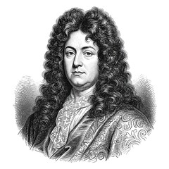 Black and white vintage engraving, close-up headshot portrait of Jean-Baptiste Racine, the famous historical French dramatist and playwright, white background, greyscale