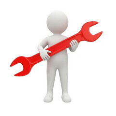 Person holding a large red wrench for repair isolated on transparent background