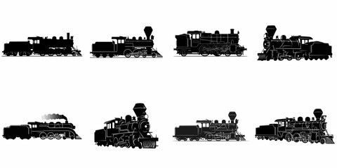 Eight distinct black silhouettes of classic steam locomotives, illustrating various vintage train designs ideal for transportation and history concepts. © Nadya