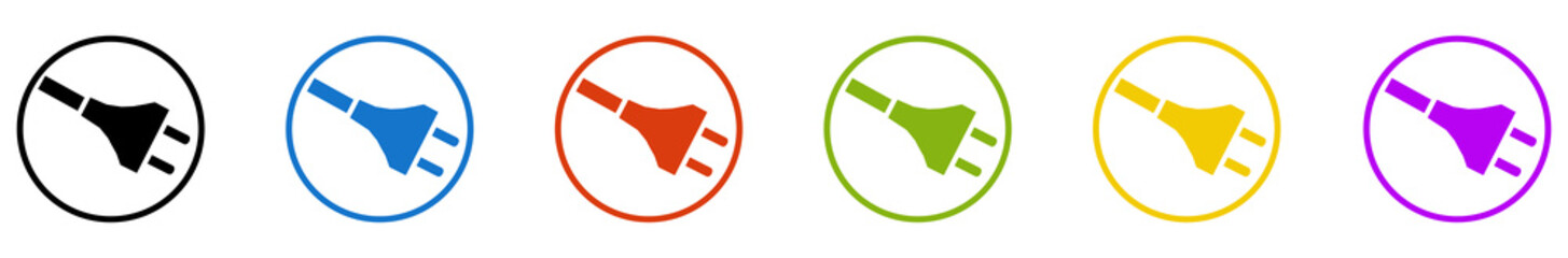 Banner mit 6 farbigen Icons im Kreis: Stecker oder Aufladen