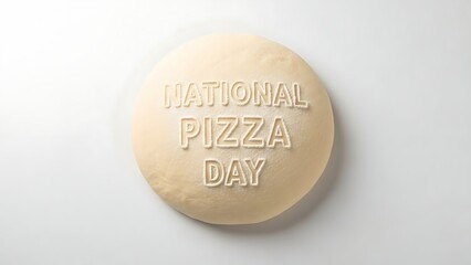 National pizza day message embossed in flour dust on smooth round ball of fresh pizza dough