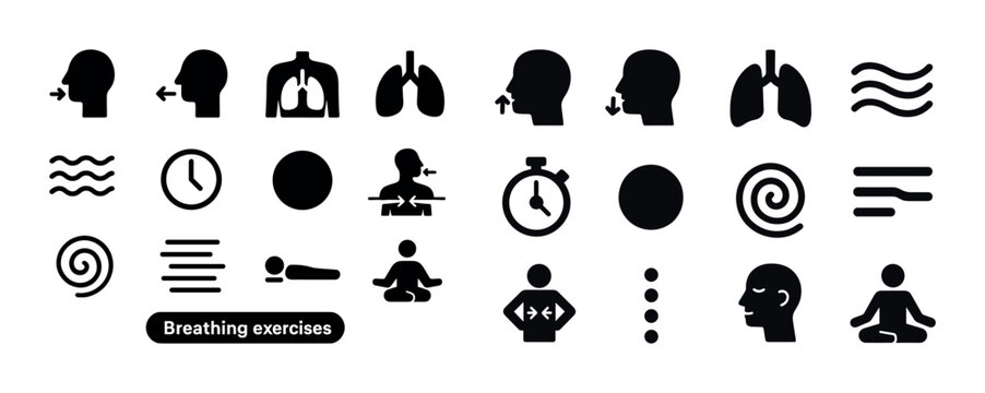 Breathing exercise icons set: meditative poses, lungs, and timer