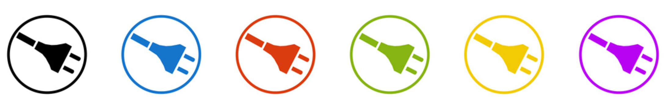 Banner mit 6 farbigen Icons im Kreis: Stecker oder Aufladen