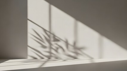 Sunlight casting geometric shadows and plant leaf patterns on a wall and floor leaves