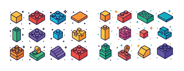 Colorful isometric lego bricks and blocks in various shapes and