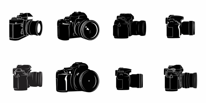 Eight black vector silhouettes of professional DSLR cameras and lenses displayed from various angles, representing modern photography equipment icons on a white background.