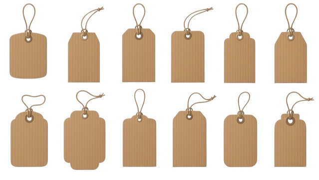 Kraft paper tag set with string isolated on transparent background
