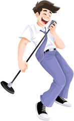 High School Boy Student Singing and Holding Microphone