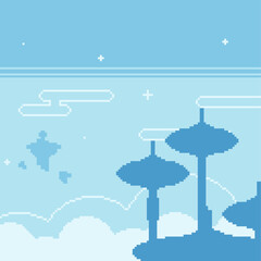 Blue Colored Floating City view with the Island from long Shot, Pixel Art Background