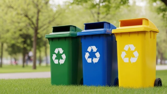 Colorful Recycling Bins in Park Green Blue Yellow. Concept featuring recycling, bins, green, blue, yellow.