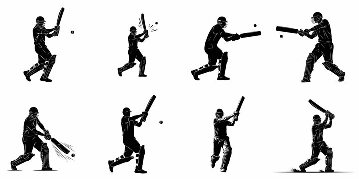 Black silhouette set of cricket batsmen in action poses, swinging the bat and hitting the ball, isolated vector icons for sports design.