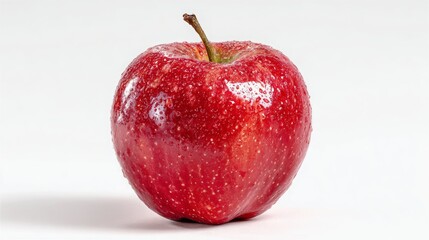 Close-up of a fresh red apple with water droplets on its surface, against a white background.