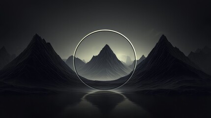 Artistic interpretation featuring circle within mountain scene.