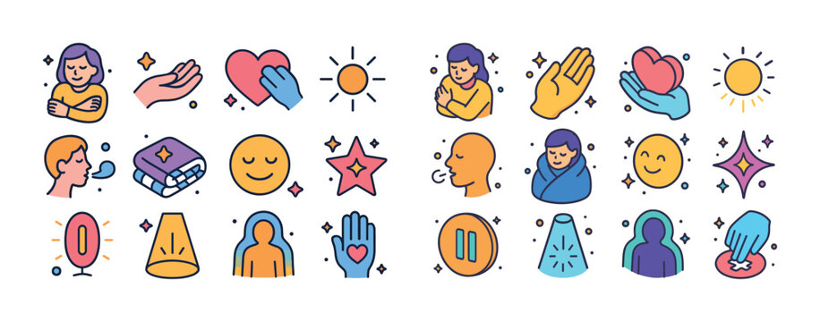 Colorful emotional symbols and wellness icons with diverse peopl