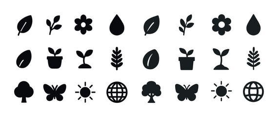 Fototapeta premium Nature and environment icons: leaves, flowers, plants, trees, bu