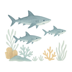 Naklejka premium PNG Watercolor sharks swimming gracefully.