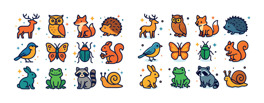 Colorful cartoon animals collection: deer, owl, fox, hedgehog, b