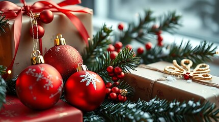 An ultra-realistic visual interpretation of Merry Christmas, emphasizing sharp focus and natural lighting, showcasing realistic textures of ornaments, wrapping paper, and winter foliage