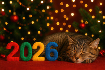 Cute cat sleeping with 2026 numbers and festive christmas tree background lighting