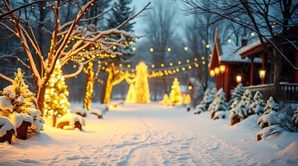 An ultra-realistic winter scene, illuminated by warm, twinkling Christmas lights, conveying a festive and merry holiday atmosphere