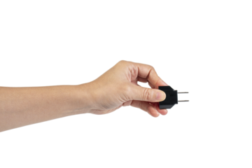 Electric plug on white background. Hand with plug isolated on transparent background.