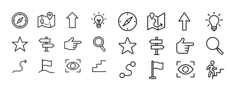 Set of navigation and exploration icons featuring maps, compass,