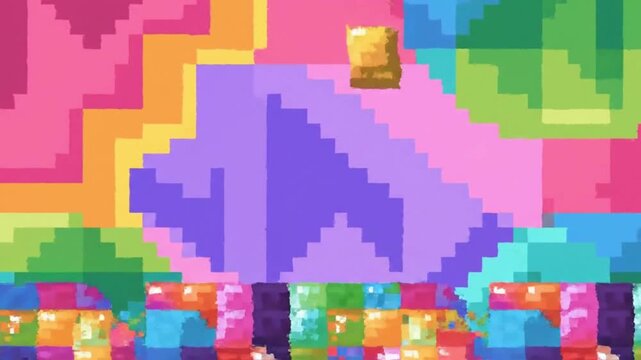 A dynamic and vibrant pixel art background, featuring colorful abstract geometric patterns that evoke a nostalgic retro video game aesthetic, perfect for digital media and creative content