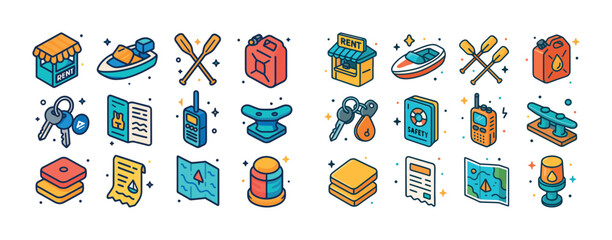 Colorful outdoor adventure and rental equipment icons in flat st