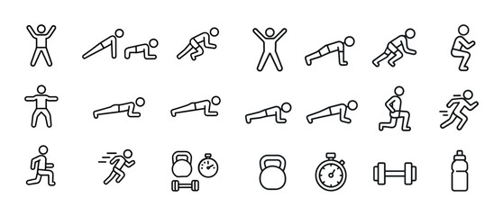 Line icons of fitness exercises and equipment for workout guide
