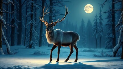 An ultra-realistic, majestic reindeer standing in a snowy forest clearing on Christmas Eve, with a soft moonlight casting long shadows