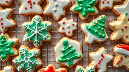 An ultra-realistic, overhead view of Christmas cookies artfully decorated with festive icing, arranged on a cooling rack