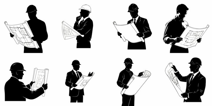 Silhouettes of male architects and engineers in various poses, wearing hard hats and suits, examining construction blueprints.