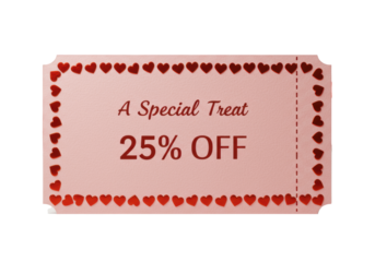 a detailed pastel pink commercial gift voucher, embossed with metallic red hearts and '25% off' text, flat lay on white with soft red bokeh. concept for valentine's day sales promotion