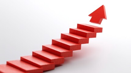 Obraz premium 3D red arrow pointing upward with stair steps on sides against white background, made from rectangular shapes.