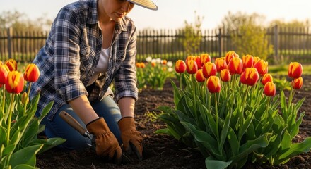 Woman gardening among vibrant orange and red tulips in a sunny spring garden.