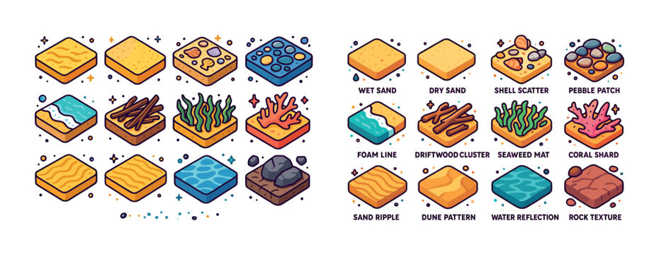 Cartoon isometric tile icons: sand, sea, and natural elements