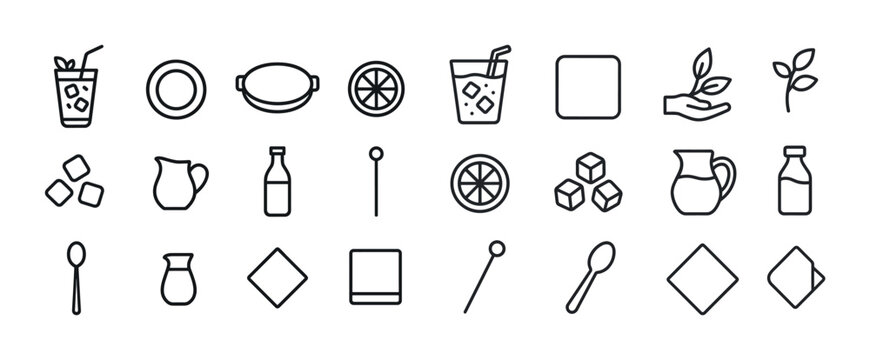 Minimalist drink and food icons set: line art symbols for refres