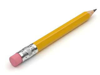Yellow pencil with pink eraser and silver ferrule on white background