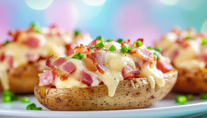 Macro close-up of loaded potato skins featuring a generous topping of melted cheese, crispy bacon pieces, and chopped green onions, presented with a vibrant, colorful, and abstract bokeh background.