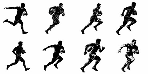 Dynamic Black Silhouettes Set of Rugby Players Running with the Ball. Eight Vector Illustrations for Sports Graphics.