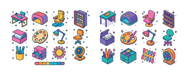 Colorful isometric office and art supplies with desk and chair i