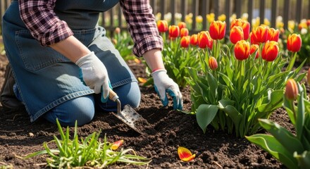 A person wearing gloves and an apron kneels in a sunny garden, using a trowel to tend to the soil near vibrant red and orange tulips.