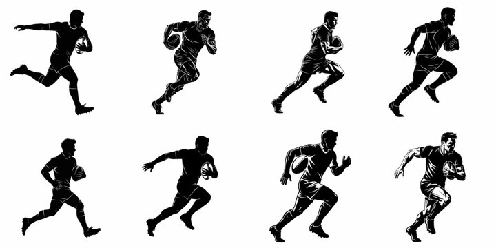 Dynamic Black Silhouettes Set of Rugby Players Running with the Ball. Eight Vector Illustrations for Sports Graphics.
