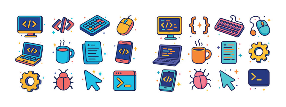 Colorful programming icons featuring computers, bugs, coffee, an