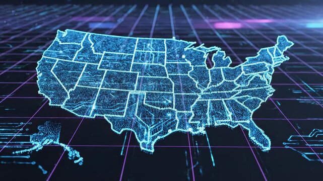Digital futuristic hologram map of united states of america with glowing lines and grid