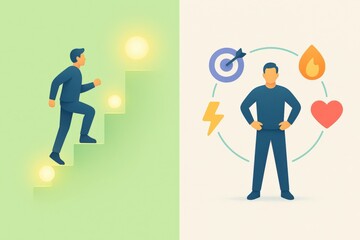 Journey of personal development symbolizing growth and success with dynamic energy and emotional balance represented through visual metaphors of ascending steps and symbolic icons