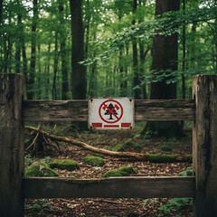 No Trespassing Sign Posted on Wooden Fence in Lush Green Forest
